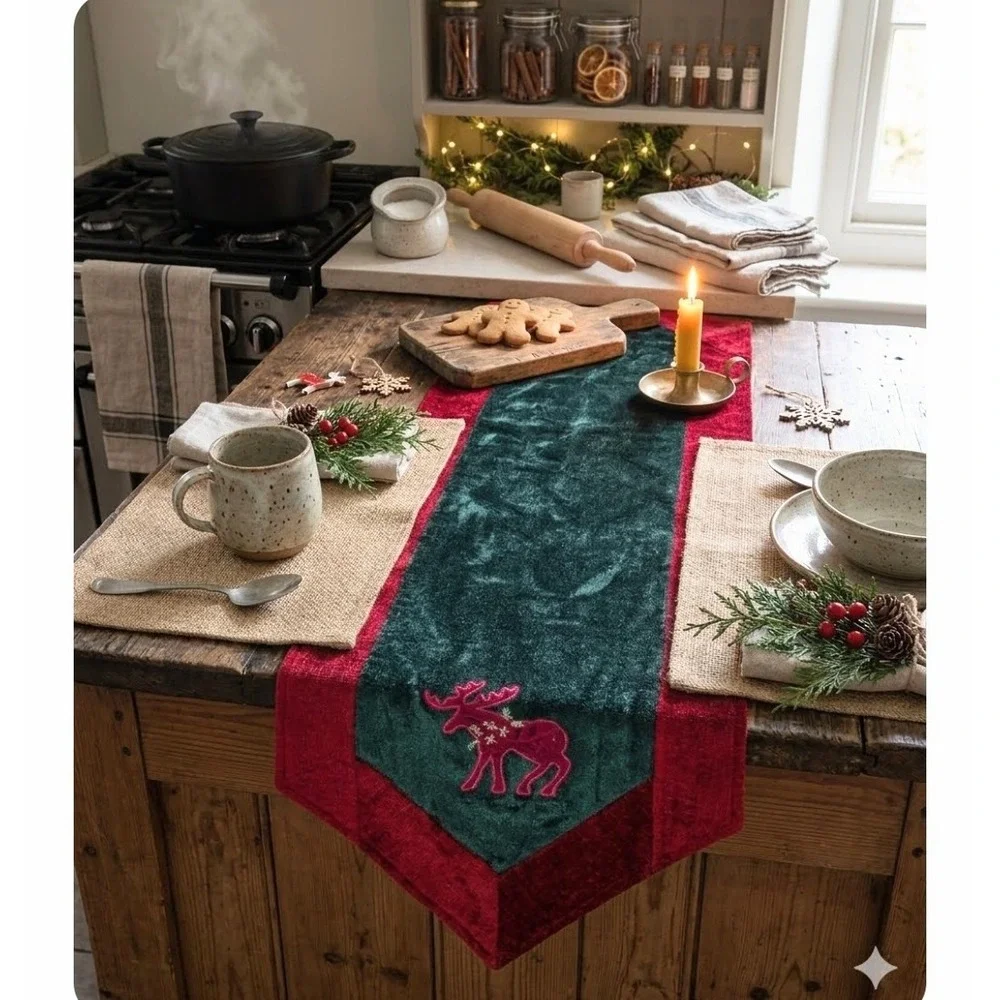 Vintage Christmas Chenille Table Runner Red Green Embroidered Moose Tassel